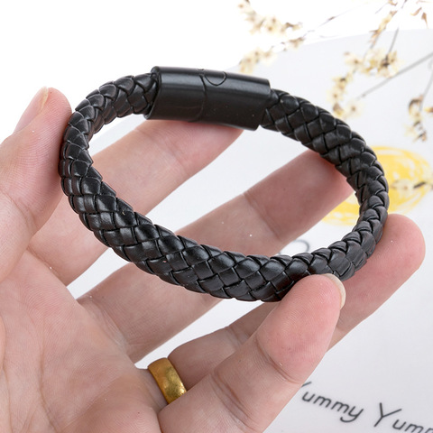 Bracelets classiques en cuir véritable pour hommes, en acier inoxydable, chaîne avec corde noire, à la mode, cadeau aimant ► Photo 1/6