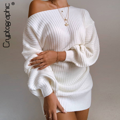 Cryptographique décontracté tricoté Mini robe femmes automne hiver chandails ballon à manches longues tricots femmes robes Jersey ample ► Photo 1/6