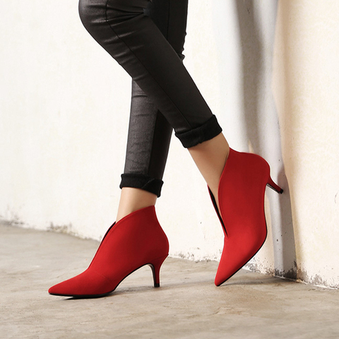 Grande taille 33-40 femmes mince petit talon pompes chaussures Sexy bout pointu v-bouche dame bottines talons hauts chaussures en cuir massif pompes ► Photo 1/6