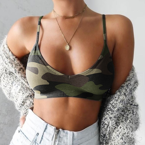 Soutien-gorge sous-vêtements pour femmes, Sexy, Camouflage, bretelles Spaghetti, haut sans anneau en acier, vêtements de sport décontractés, grande taille, été, automne, S-4XL ► Photo 1/3