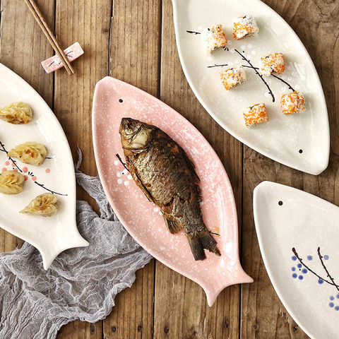 Assiette japonaise en céramique en forme de poisson, 16 pouces, peinture à la main, flocon de neige, glaçure de prunier, porcelaine assiette à dîner, plateau à Steak à fleurs ► Photo 1/6