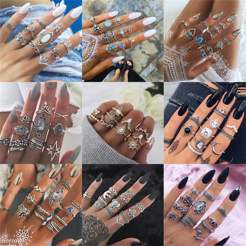 40 Styles style bohème, ensemble d'anneaux Midi Knuckle pour femmes, couronne d'éléphant en cristal, croissant, anneaux géométriques, Vintage, bijoux ► Photo 1/6