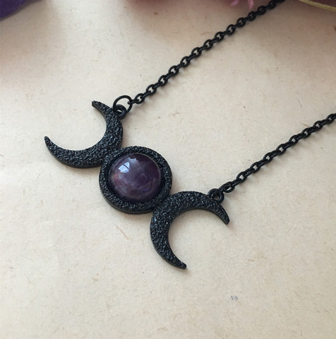 Collier ras du cou noir/collier lune/collier déesse Triple lune/collier cristal améthyste-bijoux sorcière-cadeau céleste ► Photo 1/1