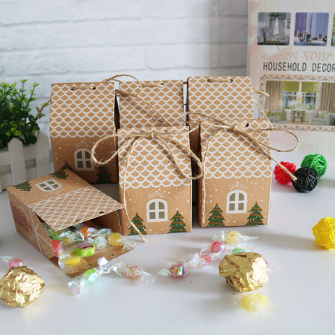 Maison de noël style boîte-cadeau de noël Kraft papier cadeau sac de bonbons sac en papier Kraft bonbons biscuits boîte fournitures de fête ► Photo 1/6