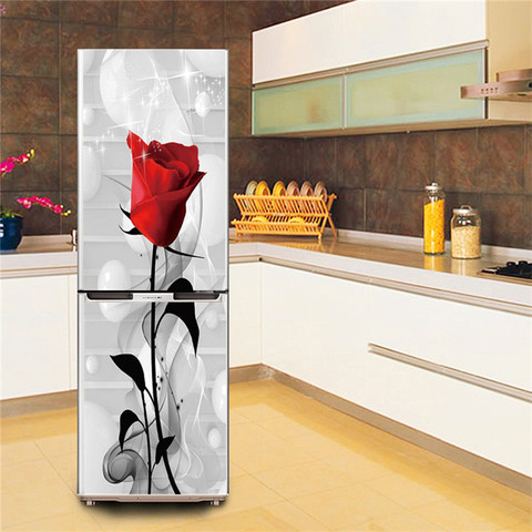 Décor à la maison réfrigérateur rénovation papier peint rouge Rose fleur légume bière bouteille Art cuisine réfrigérateur autocollant auto-adhésif Film ► Photo 1/6