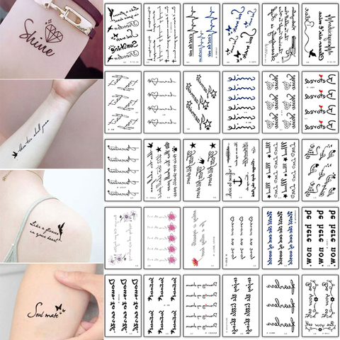 Tatouage de mots en lettres, 30 pièces/lot, petits tatouages temporaires imperméables pour filles, main, poignet, corps, fleur, ensemble noir ► Photo 1/6