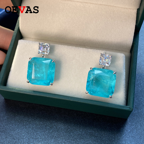 OEVAS solide 925 en argent Sterling mode Paraiba Tourmaline pierres précieuses boucles d'oreilles étincelantes haute teneur en carbone diamant bijoux fins ► Photo 1/6