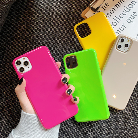 Silicone solide néon Fluorescent jaune vert étui de téléphone pour iPhone 11 Pro Max X XS XR 8 7 6 S Plus SE 2 couverture souple mode ► Photo 1/6