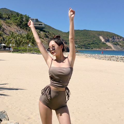 Maillot de bain Style coréen, ensemble deux pièces, Bikini, taille haute, couleur solide, pour femmes, ensemble deux pièces, pour la plage, 2022 ► Photo 1/6