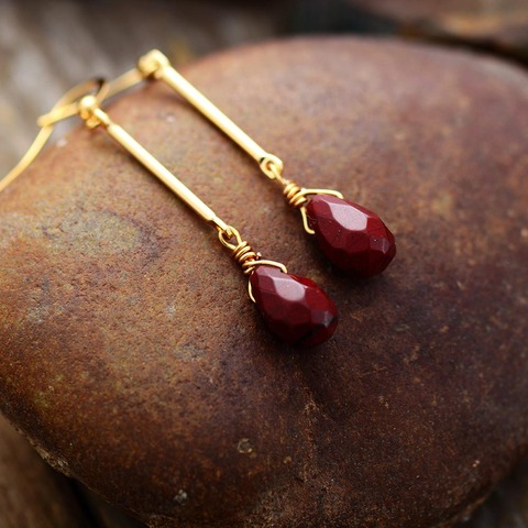 Boucles d'oreilles en jaspe rouge pour femmes, bijoux en or, goutte d'eau, bohème, élégant, Art, cadeaux ► Photo 1/5