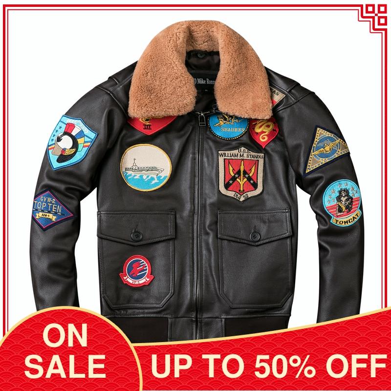 2022 Brun Hommes TOP GUN Pilote veste en cuir Collier De Laine grande taille XXXL Véritable Vache Hiver Russe Aviator Manteau LIVRAISON GRATUITE ► Photo 1/6