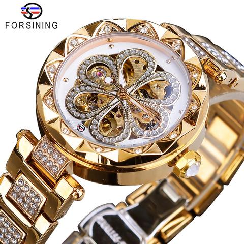 Forsining-montre mécanique pour femmes, de marque de luxe, diamant automatique, or et acier inoxydable, horloge étanche ► Photo 1/6