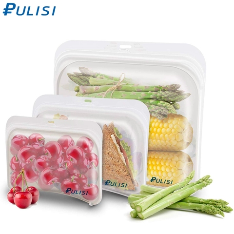 3 pièces/paquet Silicone réutilisable sacs de stockage des aliments étanche Ziplock Sandwich Snack sacs micro-ondes lave-vaisselle congélateur sûr sacs frais ► Photo 1/6