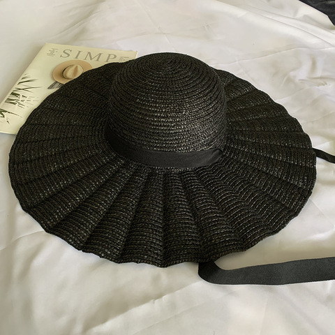 Chapeau de paille noir naturel pour femmes, élégant, avec lacets, large bord, feuille de Lotus, ruban, fille, été UV, chapeau de plage ► Photo 1/6
