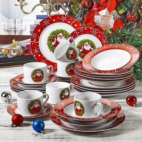 VEWEET, Série SANTACLAUS, Service Vaiselle Complet en Porcelaine Fête Noël, Inclus Assiettes Plates, Assiettes Creuse, Assiettes à Dessert, Service à Café, 30 Pièces pour 6 Personnes ► Photo 1/6