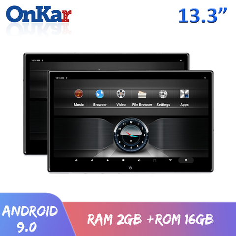 ONKAR 13.3 pouces Android 9.0 voiture appuie-tête moniteur 2 + 16GB 4K 1080P vidéo Bluetooth FM Miracast WIFI carte SD HDMI écran miroir ► Photo 1/6