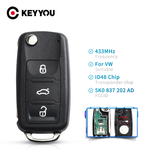 KEYYOU – clé télécommande à 3 boutons, 434MHz, transpondeur ID48, sans clé, pour voiture VW/Volkswagen Golf, PASSAT, Tiguan, Polo, Jetta, coccinelle ► Photo 1/6