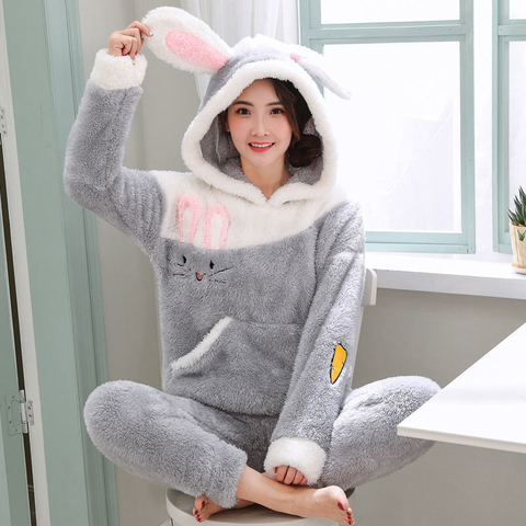 Ensemble pyjama épais et chaud pour femmes, vêtements de nuit, flanelle de corail, dessin animé, lapin mignon, hiver, 2022 ► Photo 1/6