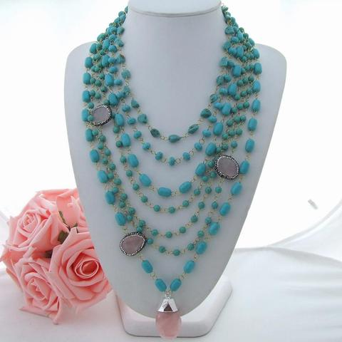 Y · YING – collier à 7 brins de Turquoises bleues, pendentif en quartz Rose, cadeau, 19 pouces ► Photo 1/4