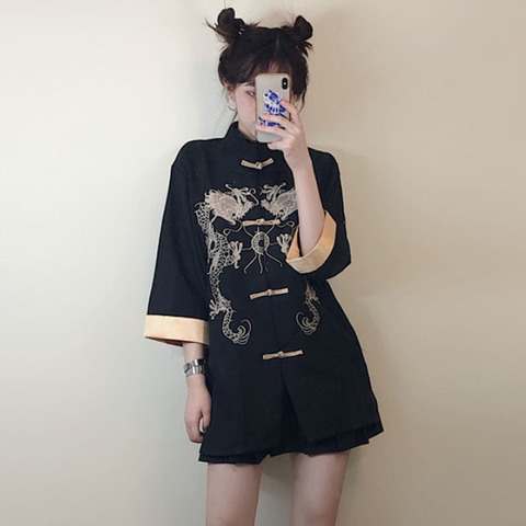 Costume noir gothique Tang robe chemise pour filles femmes chemisier traditionnel chinois simple boutonnage Dragon broderie veste manteau ► Photo 1/6