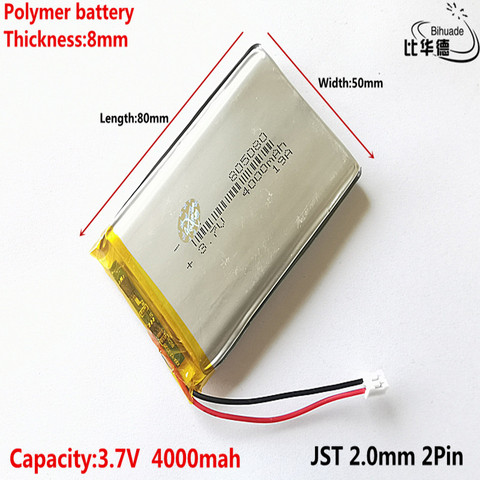 JST – batterie LiPo Rechargeable, 2.0mm, 2 broches, 3.7V, 4000mAh, 805080, Lithium polymère, pour Power bank ► Photo 1/5