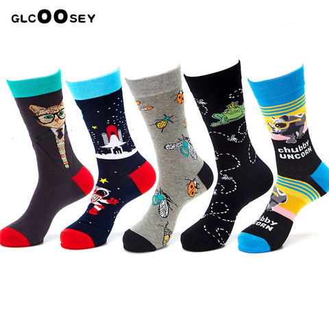 Harajuku – chaussettes amusantes pour hommes, chaussettes en coton peigné, drôles, paresseux, Animal, tigre, libellule, chat, écureuil, flamand rose, grenouille, chien, nouveauté ► Photo 1/6