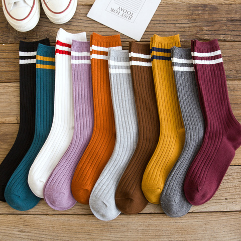 Chaussettes longues à rayures pour femmes, Style collégien, couleur unie, noir, blanc, japonais, Kawaii, Harajuku, Vintage, Streetwear, jambes ► Photo 1/6