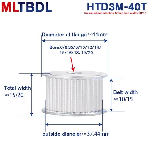 Poulie de distribution synchrone en alliage d'aluminium, 3M 40T, 6/6.35/8/10/12mm, pas de 3mm, 11mm de largeur de courroie ► Photo 1/6