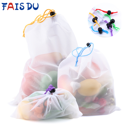 Sacs réutilisables colorés pour fruits et légumes, filet pour produits, mailles lavables, sacs de rangement de cuisine, sacs de rangement de jouets, articles divers 5 pièces ► Photo 1/6