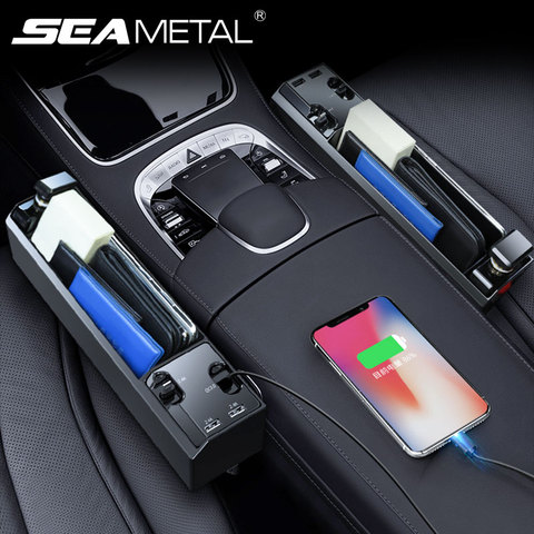 Organisateur de voiture avec câble de chargeur siège de voiture boîte de rangement avec câble pour IOS/Android/Type C double Port USB rangement automatique ► Photo 1/6