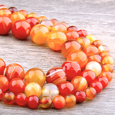 Perles d'agates naturelles orange naturelles, pierres rondes à rayures lisses et amples, pour la fabrication de bijoux et la fabrication de Bracelets à faire soi-même à la main ► Photo 1/6