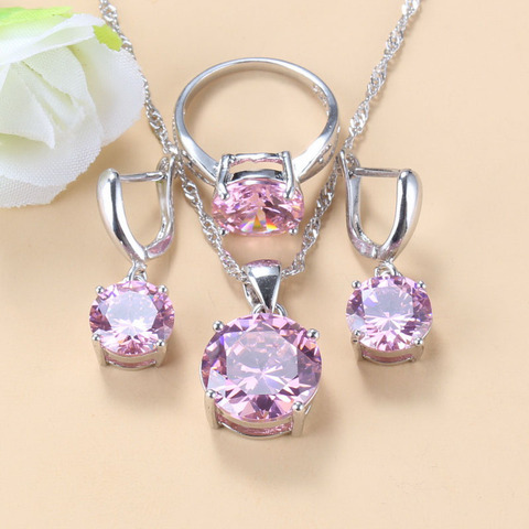 Collier et boucles d'oreilles en argent 925 pour filles, ensemble de bijoux en zircon cubique rose rond, accessoires de bagues, bijoux pour enfants ► Photo 1/6