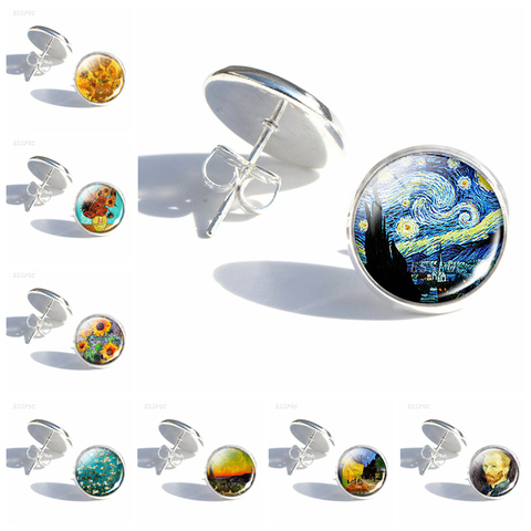 Van Gogh-boucles d'oreilles à clous, peinture à l'huile, à la mode, Cabochon en verre, bijoux, nuit étoilée, tournesol, cadeaux pour filles ► Photo 1/6