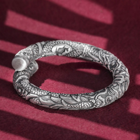 S999 pur argent ouvert main Bracelet dominateur Double tête de Dragon jouer perle hommes bijoux en argent Style ethnique ► Photo 1/5