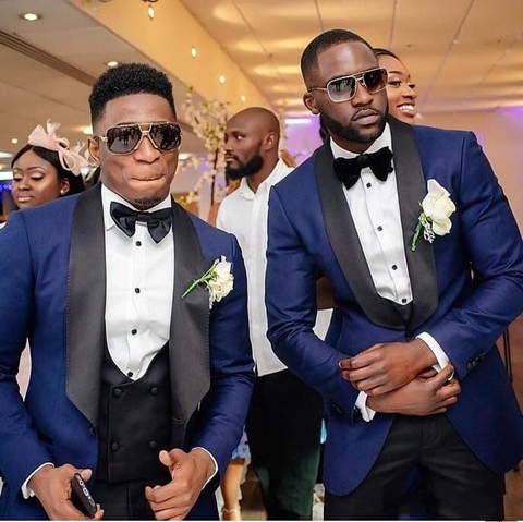 Hommes costumes bleu marine clair et noir marié Tuxedos châle revers garçons d'honneur mariage meilleur homme (veste + pantalon + nœud papillon + gilet) C684 ► Photo 1/6