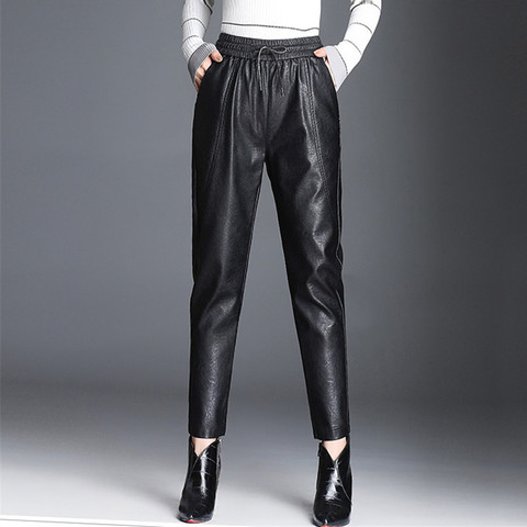 Femmes pantalons en cuir PU mode cordon de serrage cravate cheville pantalon taille élastique pantalon poches noir Streetwear pantalons Mujer P162 ► Photo 1/6