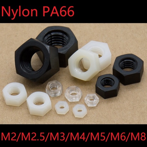 20 pièces écrous hexagonaux en plastique M2 M2.5 M3 M4 M5 M6 M8 Nylon PA66 isolation thermique hexagone écrou de blocage filetage bouchon de boulon noir blanc clair ► Photo 1/6