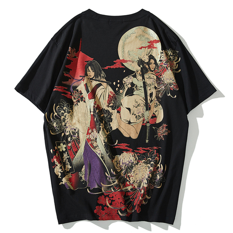 Style japonais marée marque ukiyo-e impression florale quai personnalité tendance coton demi-manches lapin femme col rond chemise ► Photo 1/6