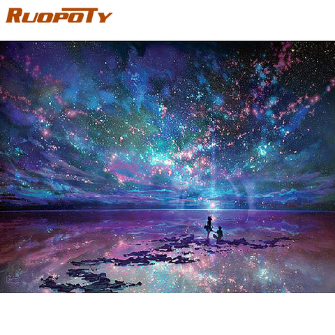 RUOPOTY-cadre d'images avec peinture à la main nombres, couleur ciel étoilé, peinture sur toile acrylique, Art peint à la main ► Photo 1/6