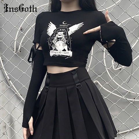 InsGoth t-shirt manches longues noir pour femme, moulant noir, gothique, Harajuku, Punk, Patchwork, Slim, à la mode, en automne ► Photo 1/6