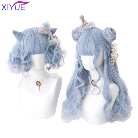 XIYUE perruques ondulées courtes pour Lolita cheveux bleus synthétiques longues perruques ondulées avec frange résistant à la chaleur Cosplay perruque ► Photo 1/6