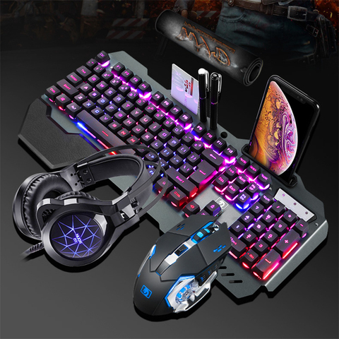 Clavier Gaming mécanique à rétroéclairage couleur arc-en-ciel, souris optique, avec casque PC de Gaming, support stylo pour téléphone, étanche, multi-raccourcis ► Photo 1/6