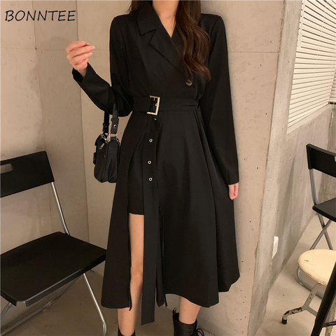 Manches longues robes femmes chic Vestidos 2022 Mujer élégant ceintures côté fente a-ligne charme Vintage Midi noir Empire BF crantée ► Photo 1/6