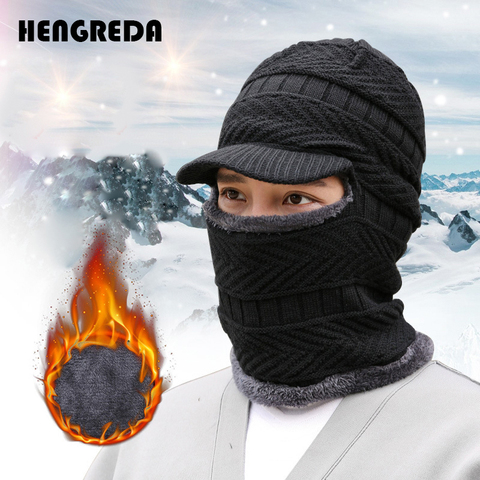 Bonnet d'hiver pour hommes, cagoule, tricoté, chaud, avec visière, coupe-vent, Ski, avec doublure polaire épaisse ► Photo 1/6