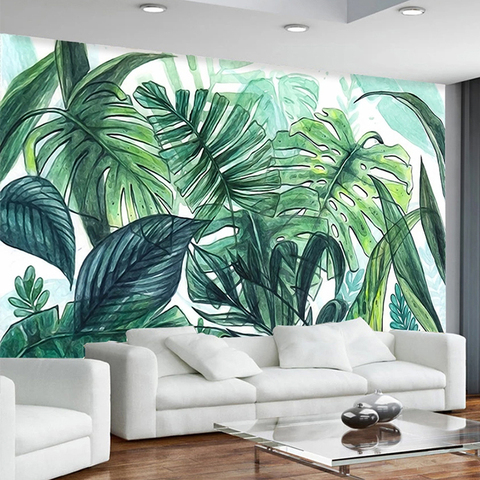 Grand papier peint Photo 3D personnalisé, peinture murale moderne tropicale peinte à la main feuille De bananier, salon chambre à coucher ► Photo 1/6