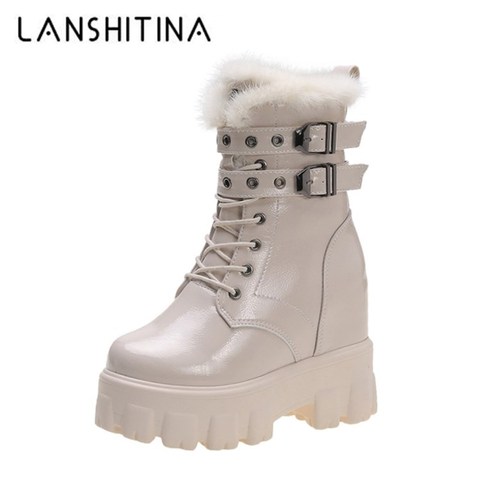 Chaussures femmes hiver chaud moto bottes 2022 Style britannique plate-forme baskets 10CM talons épais fond en peluche bottes en cuir femme ► Photo 1/6