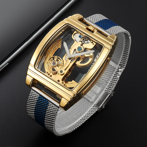 Montre-Bracelet automatique mécanique pour hommes, classique, à la mode, transparente, squelette, Bracelet en acier inoxydable, Bracelet à mailles, montres pour hommes ► Photo 1/6