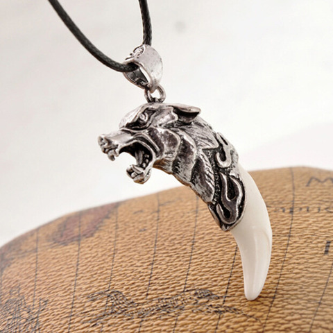 Punk gothique loup dent hommes collier mode résine loup dent alliage loup tête dent pendentif collier pour garçon hommes bijoux cadeaux ► Photo 1/6