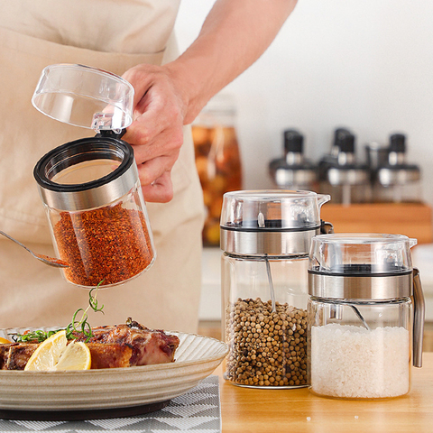 YOMDID – Pot d'assaisonnement, bouteille en verre, condiments, boîte de rangement, sel, poivre, sucre, récipient d'arôme avec couvercle en PP, fournitures de cuisine ► Photo 1/6