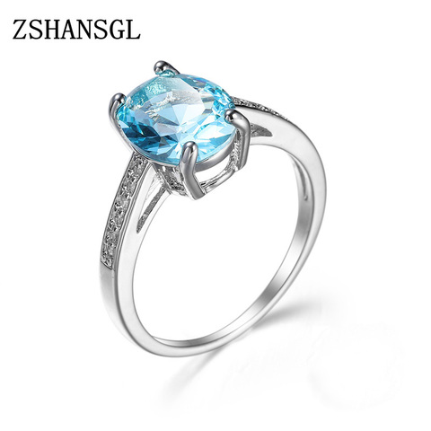 Bagues romantiques couleur argent pour femmes, grand bleu CZ Rond en cristal pavé, bijoux de fiançailles de mariage, à la mode ► Photo 1/5